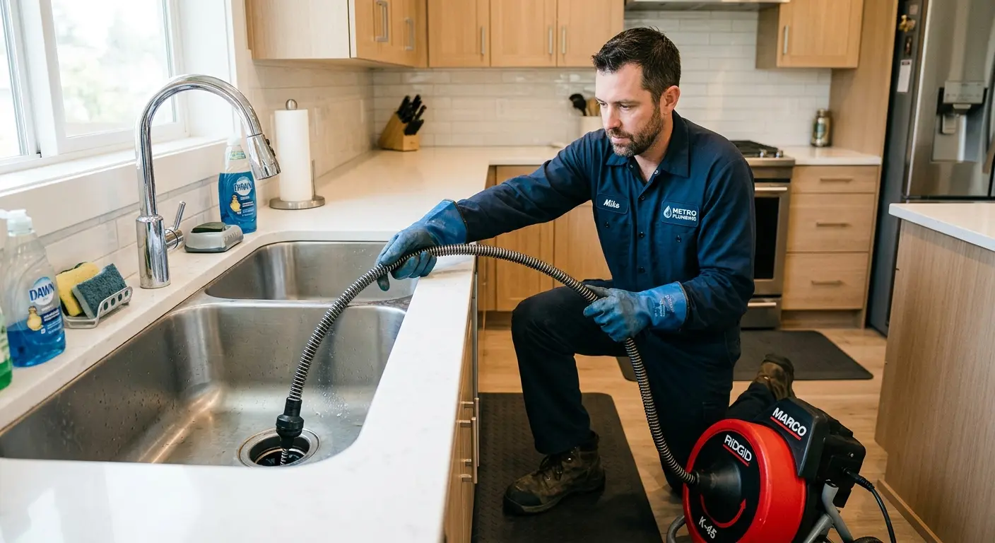Drain cleaning technician using a motorized snake on a kitchen sink in Monticello
