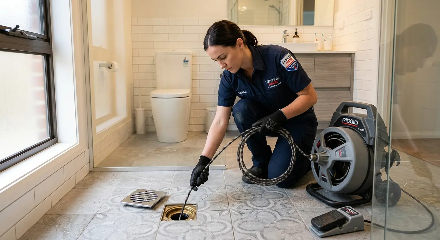 Technician clearing a bathroom floor drain for Sewer Line Replacement in Monticello